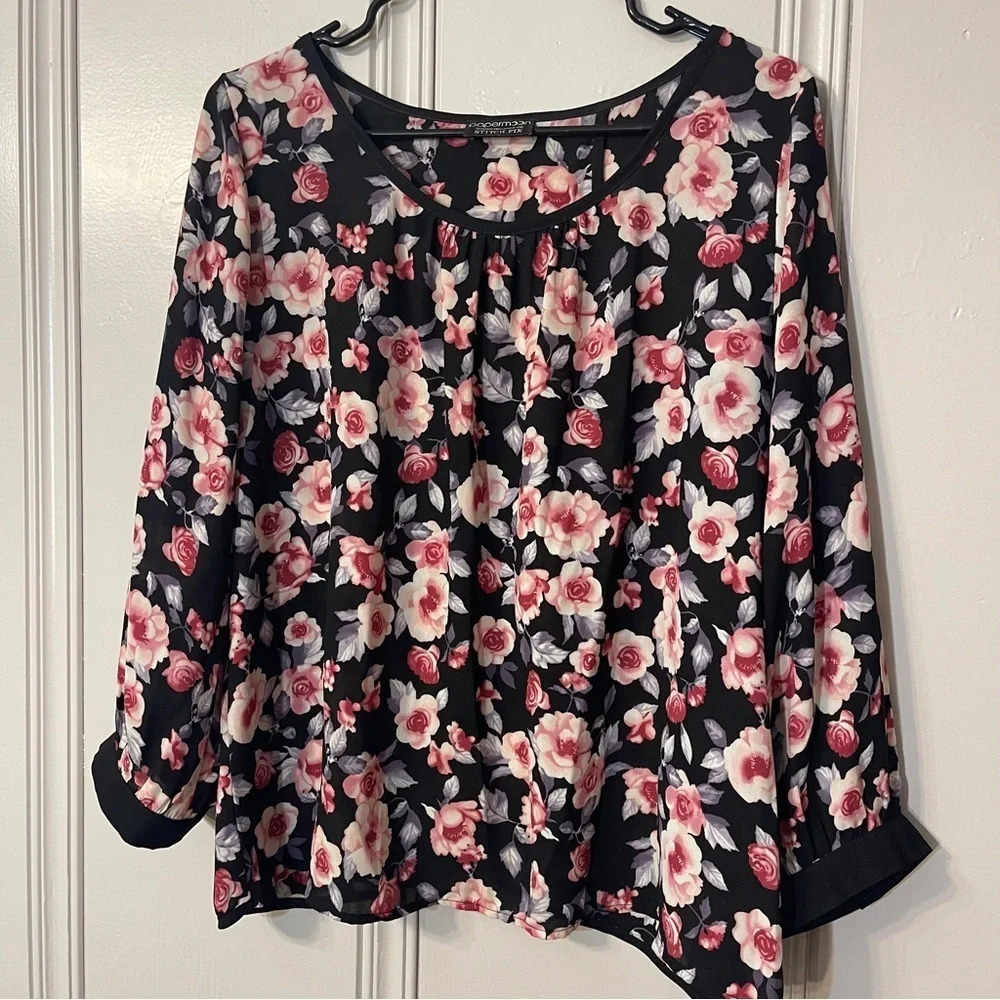 Papermoon Stitch Fix Black Pink Rose Floral Long Sleeve  Blouse‎ Size Large